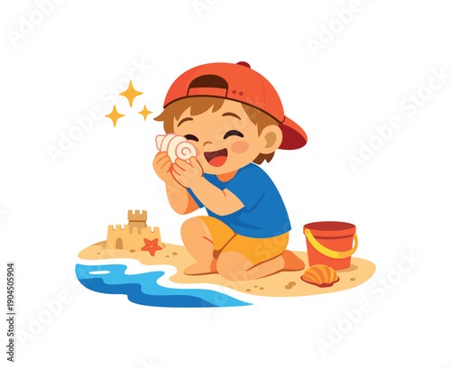 child finding seashell at beach holding it close first treasure discovery clean shapes. colored flat icon vector illustration