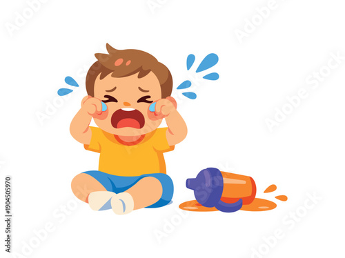 toddler sitting on floor crying next to spilled juice cup little splash symbol emotional reaction to accident clean shapes. colored flat icon vector illustration