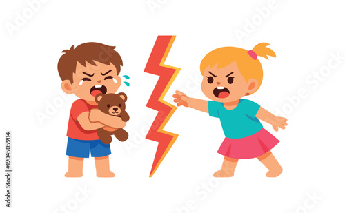 child holding toy tight while another child reaches for it zigzag conflict icon tantrum over sharing clean shapes. colored flat icon vector illustration