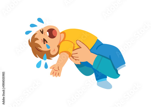 toddler arching back parent arms tear drops flying meltdown during transitions clean shapes. colored flat icon vector illustration