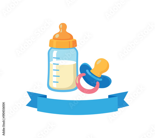 baby bottle and pacifier with ribbon tag birth announcement set icon clean shapes. colored flat icon vector illustration
