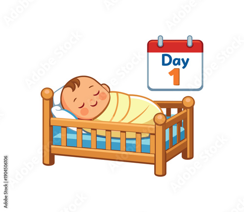 newborn crib with small calendar date icon first day of life memory clean shapes. colored flat icon vector illustration