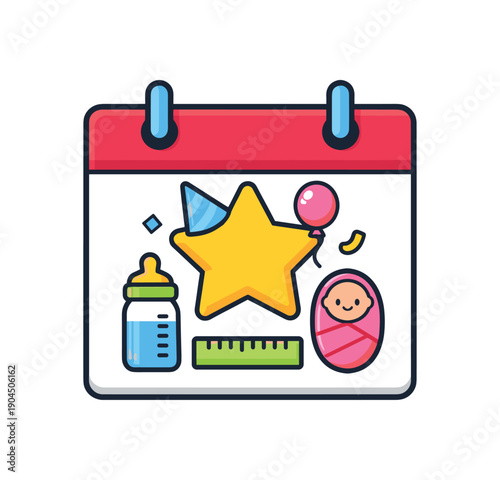 calendar page with marking birthday newborn metric symbol clean shapes. colored flat icon vector illustration