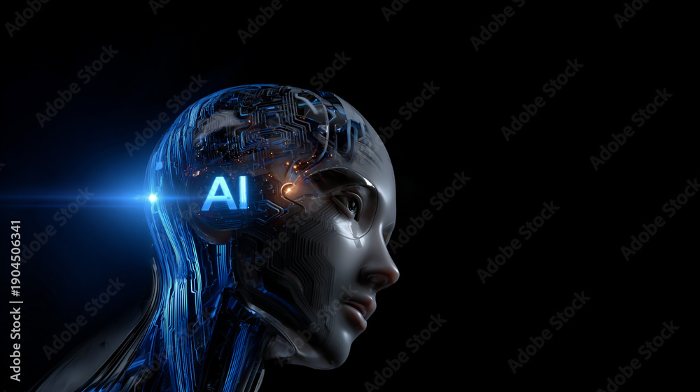 Obraz premium futuristic ai human head with glowing circuitry, artificial intelligence brain with blue digital light, human mind and ai technology concept illustration