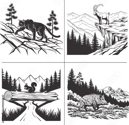 Minimalist Wild Animal and Forest Nature Double Exposure T Shirt Design Bundle