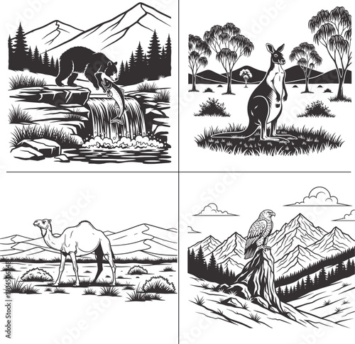 Minimalist Wild Animal and Forest Nature Double Exposure T Shirt Design Bundle