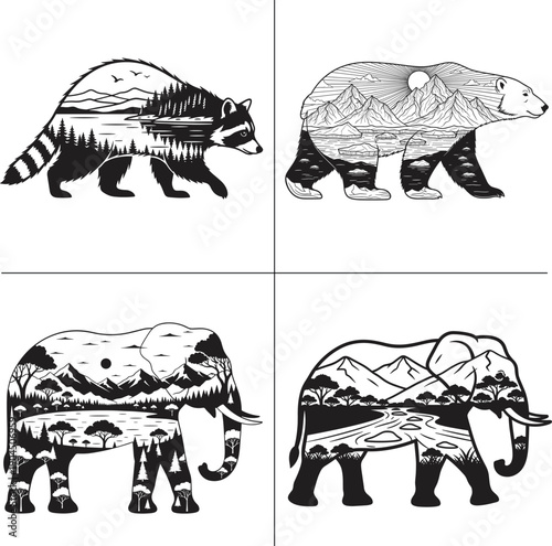 Minimalist Wild Animal and Forest Nature Double Exposure T Shirt Design Bundle