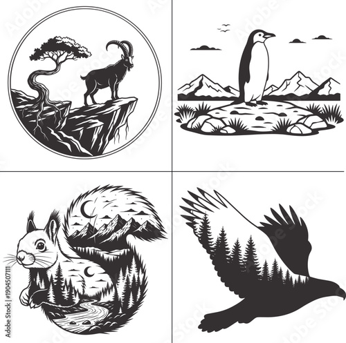 Minimalist Wild Animal and Forest Nature Double Exposure T Shirt Design Bundle