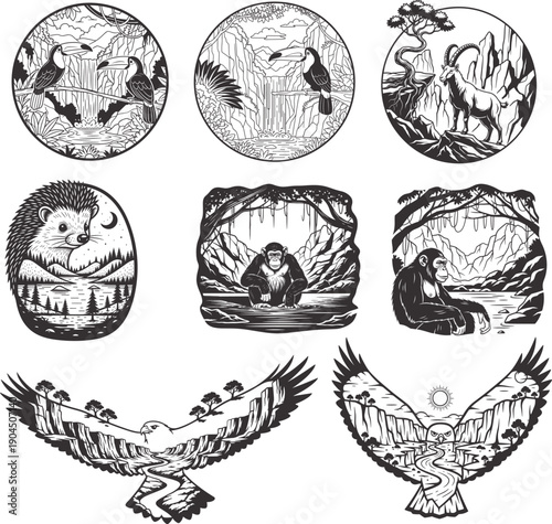 Minimalist Wild Animal and Forest Nature Double Exposure T Shirt Design Bundle