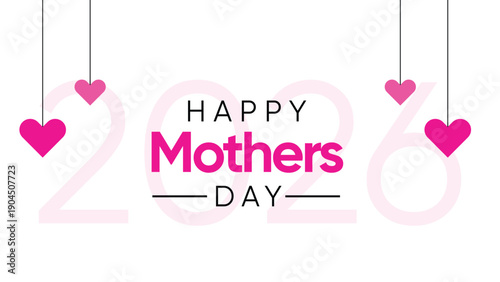 Happy Mothers Day 2026 Pink Text With Hearts on White Background