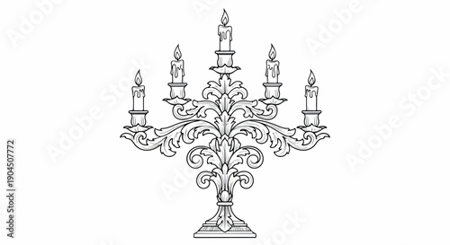 Black and white line drawing of a six-branched ornate candelabra with lit candles on a plain white background.