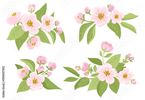 Spring Apple Tree Flowers with Buds and Leaves. Spring bouquet of sakura and cherry blossom flowers. 
