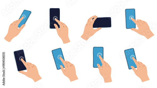 Detailed set of hand gestures using a modern smartphone including tapping swiping zooming and scrolling actions on blank screens.