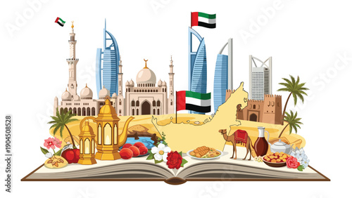 Vibrant pop up book illustration showcasing famous landmarks of united arab emirates with traditional culture and desert scenery.