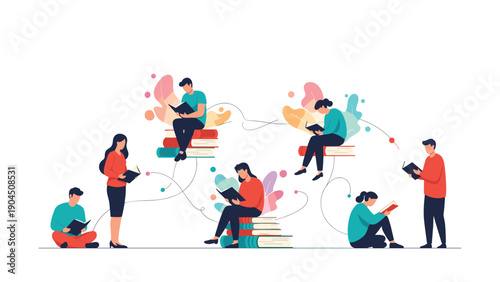 Creative illustration of diverse people sitting and standing on large stacks of colorful books while focused on reading.