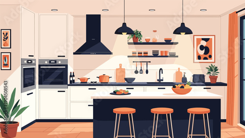 Modern kitchen interior design featuring a dark island with stools stylish pendant lighting and various high end appliances.