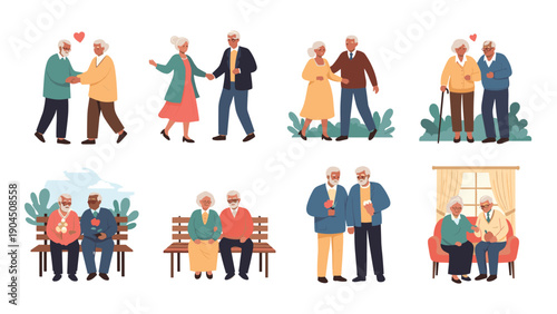 Heartwarming set of illustrations showing elderly couples enjoying romantic activities like dancing walking and sitting together.