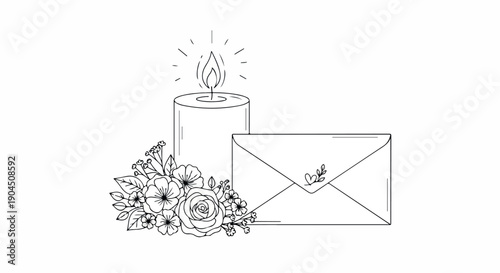Line drawing of a candle, flowers, and an envelope with a heart on it against a white background.