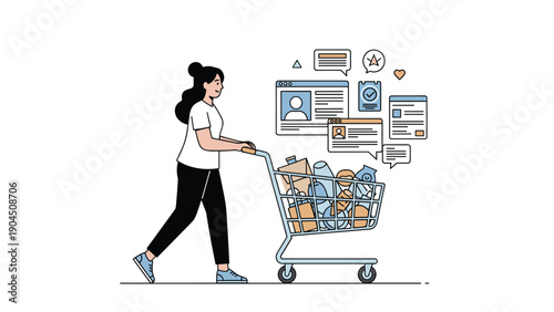 Modern consumer pushing a shopping cart filled with groceries while managing digital profiles and online feedback.