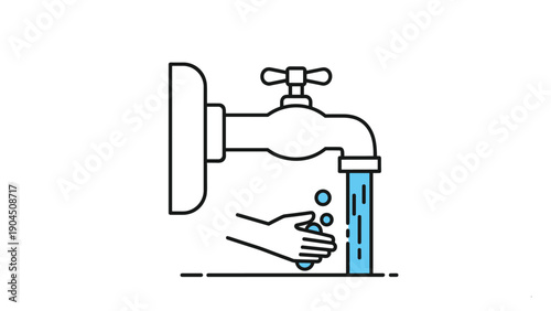 Simple line art illustration showing hands being thoroughly washed under running water from a faucet for personal hygiene.