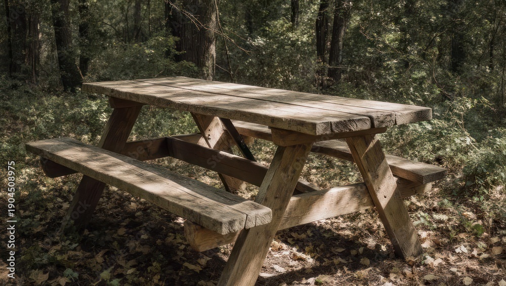 Naklejka premium Rustic Picnic Table in Autumn Forest Setting.