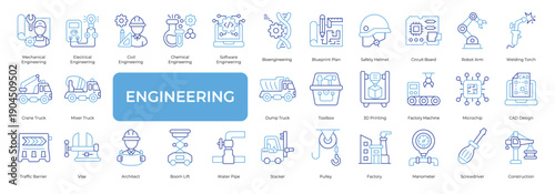Engineering Icon set Collection in Line Two Color Style. engineering, mechanical, electrical, civil, chemical, software