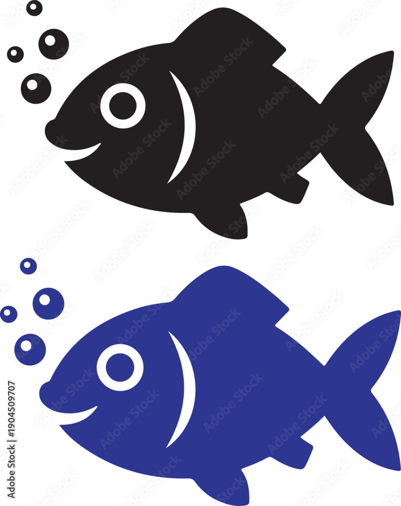 Obraz premium Happy Smiling Fish Icons with Bubbles - Black and Blue Cute Aquatic Animals Vector Illustration