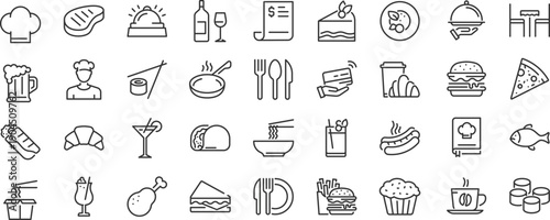 Restaurant web icons. Food, meal, fish, delivery, cooking, fast food, collection. Editable stroke. Vector