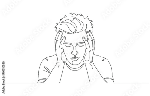 A continuous one line drawing of a young man bowing his head with clasped hands praying.