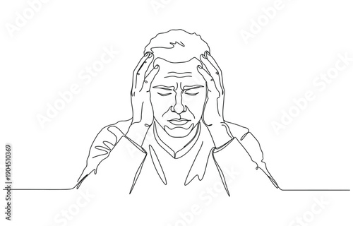 A continuous one line drawing of a young man bowing his head with clasped hands praying.