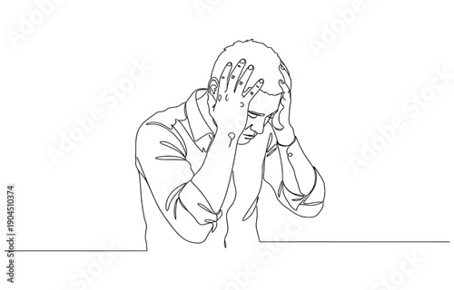 A continuous one line drawing of a young man bowing his head with clasped hands praying.