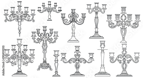 Collection of various candelabras with ornate designs on a white background in a line drawing style.