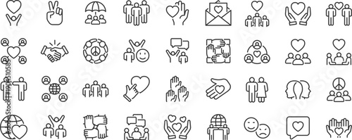 Friendship web icons. Interaction, friend, relationship, mutual assistance, social responsibility, buddy, love, collection. Vector