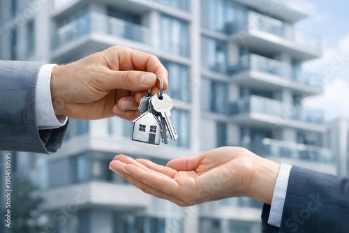 A person hands over a set of house keys shaped like a home to another person. They stand outside an apartment building in a city during the day, showing a moment of a real estate exchange