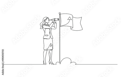  success businesswoman hold spyglass stand beside flag on mountain concept of opportunity.