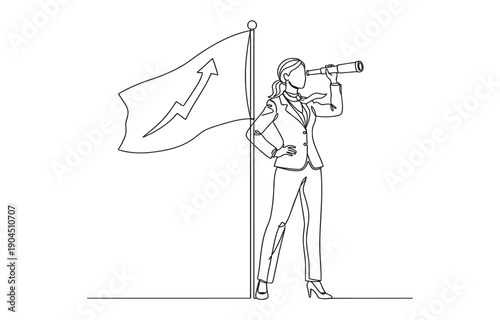  success businesswoman hold spyglass stand beside flag on mountain concept of opportunity.