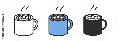 Stylized Illustration of Three Mugs of Hot Chocolate, Featuring White, Blue, and Black Designs, Each Topped with Marshmallows