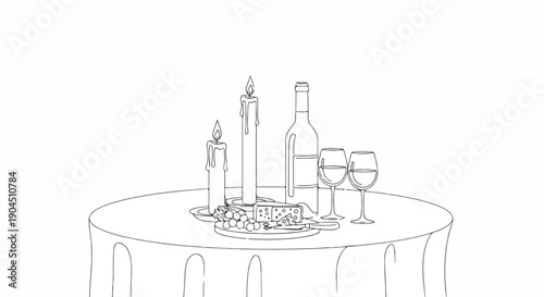 Line drawing of a wine and cheese setting with a bottle, two glasses, candles, and a cheese platter on a round table.