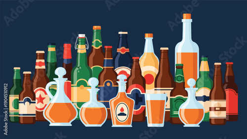 Extensive collection of various beer and liquor bottles along with decanters and glasses presented in a stylized flat design on a dark background.