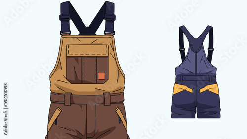Detailed front and back view of professional work overalls in brown and navy blue colors designed for construction or industrial labor.
