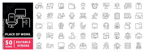 Place of work editable line icons set. Office and workspace symbols