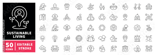 Sustainable living editable line icons set: eco, green, recycle symbols
