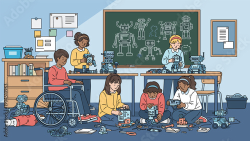 Diverse group of young students collaborating on building and programming robots in a modern classroom setting with educational tools.