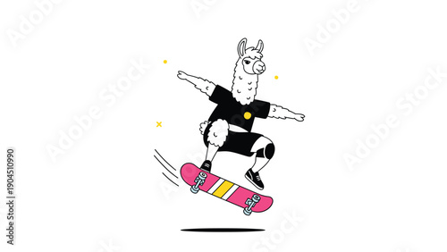 Funny cartoon llama dressed in a black t-shirt and shorts performing a cool trick on a pink and yellow skateboard against a white background.