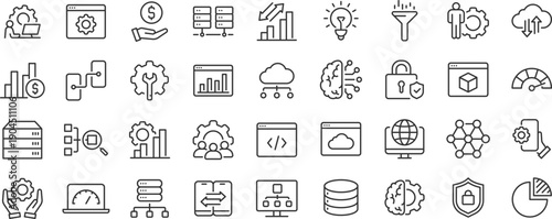 Data Processing web icons. Analytics, gear, network, statistic, filter, diagrams, technology. Icon collection. Editable stroke. Vector