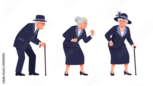 Three grumpy elderly characters including a man and two women wearing business attire while expressing anger and shaking their fists.