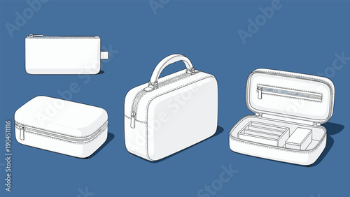 Collection of blank white cosmetic or travel organizer bags shown from different angles and open states on a solid blue background.