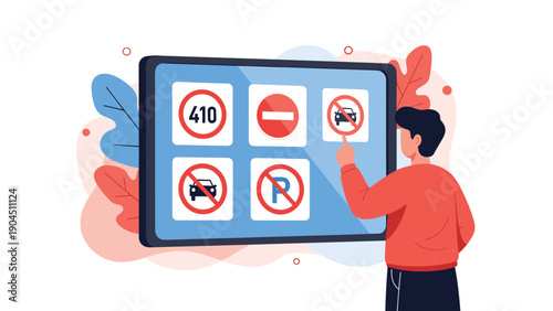 Man interacts with a large digital tablet screen displaying various traffic prohibition and restriction road signs for learning or safety.