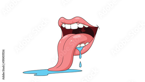 Cartoon illustration of an open mouth with a very long pink tongue and blue saliva dripping onto the ground below it.