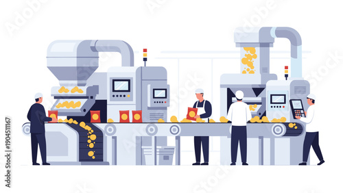Modern food processing factory with a conveyor belt where workers in uniforms are packaging snacks and monitoring automated machinery.